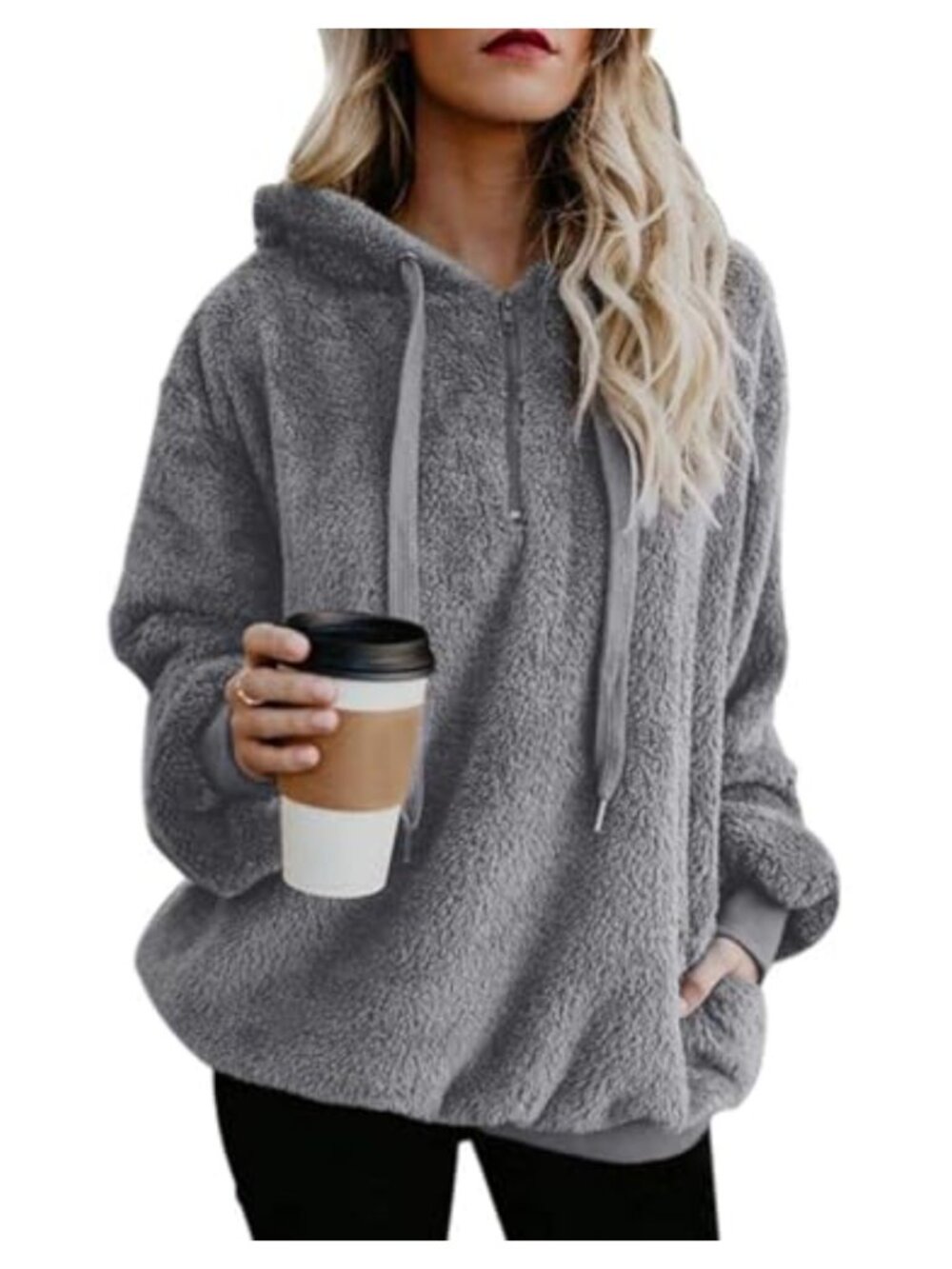 Fuzzy Sherpa Hoodie Pullover Sweatshirt Fleece Long Sleeve Drawstring